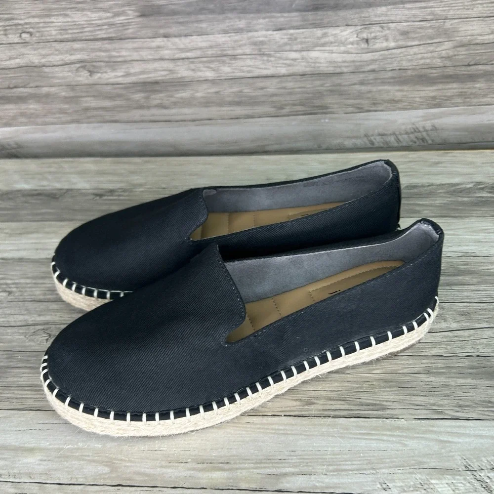 Joie Espadrille Flats 8 Platform Slip On Black Canvas Boho Coastal Chic Beach